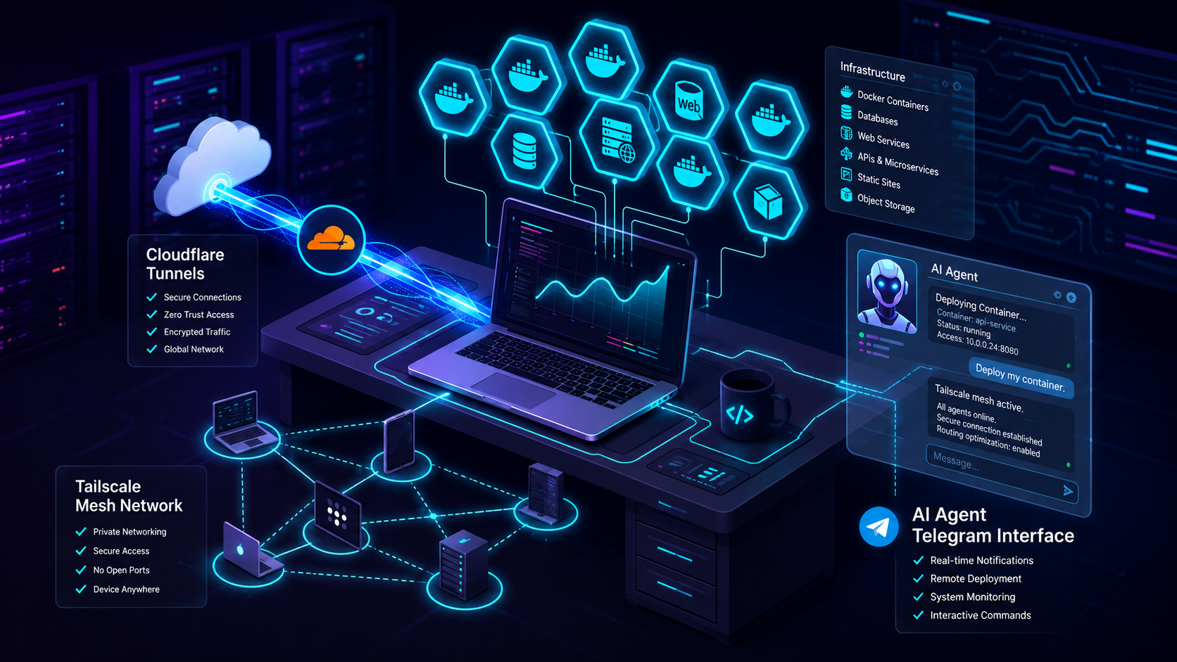 Homelab Infrastructure Architecture Topology: Cloudflare Tunnels, Tailscale Mesh, Docker, and AI Agent Telegram Interface
